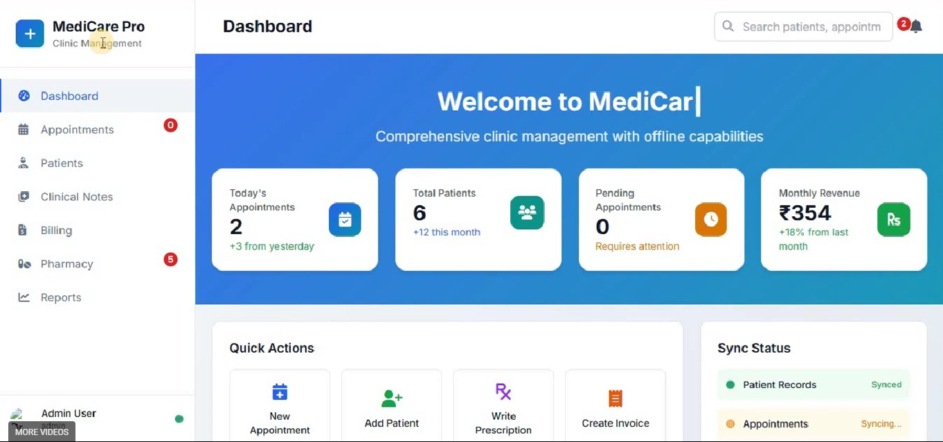 The dashboard of the clinic management app showing upcoming appointments, patient queue, and daily revenue.