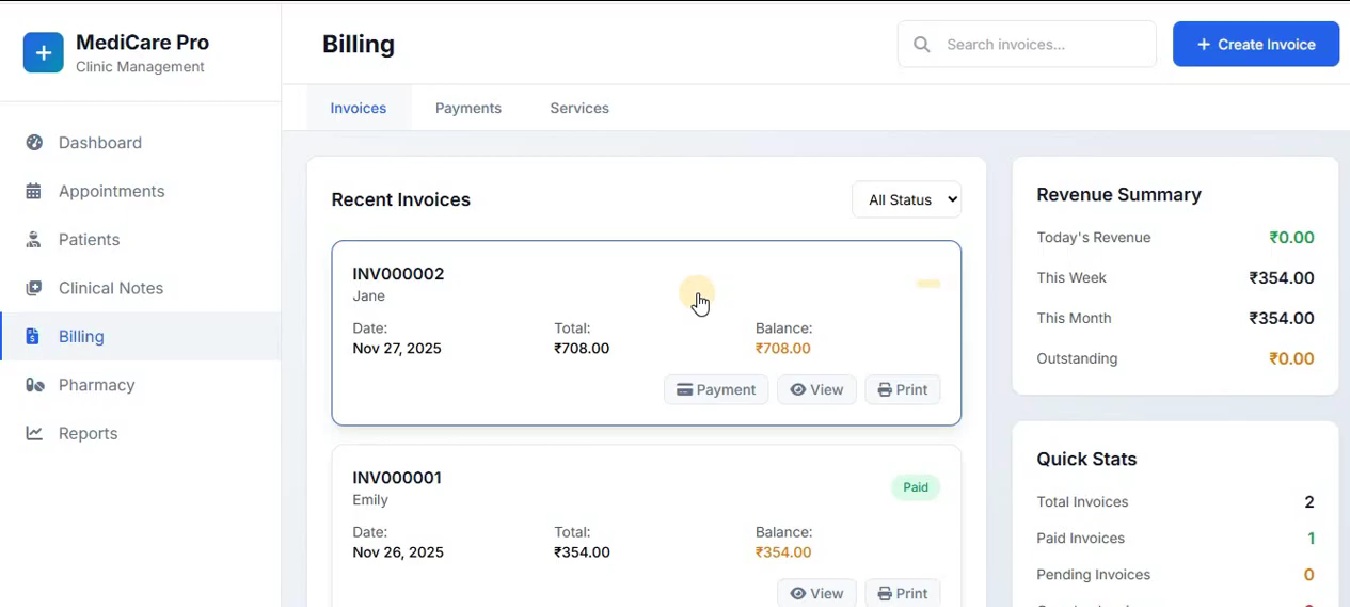 A printed e-prescription and bill generated by the clinic management software.