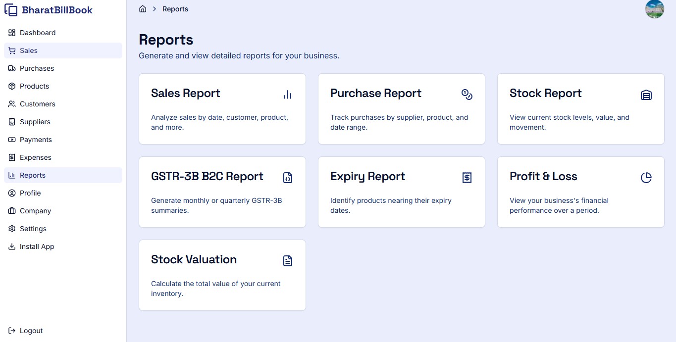 The powerful reporting module of the GST software, illustrating various business reports like sales summaries, stock levels, and GSTR-1 data.
