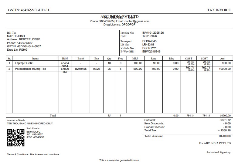 A clear and compliant pharmacy invoice created by the software, showing patient details, medicine batch numbers, expiry dates, and GST breakdown.