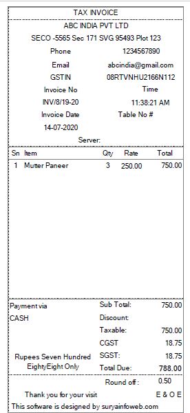 A professional GST-compliant bill for a restaurant, showing itemized food orders, tax details, and branding.
