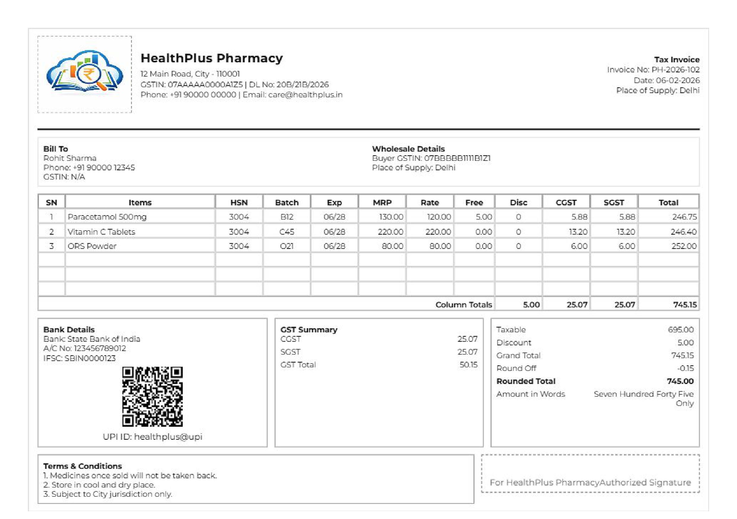 A compact A5 wholesale pharmacy invoice format, useful as a delivery challan or for smaller B2B orders.
