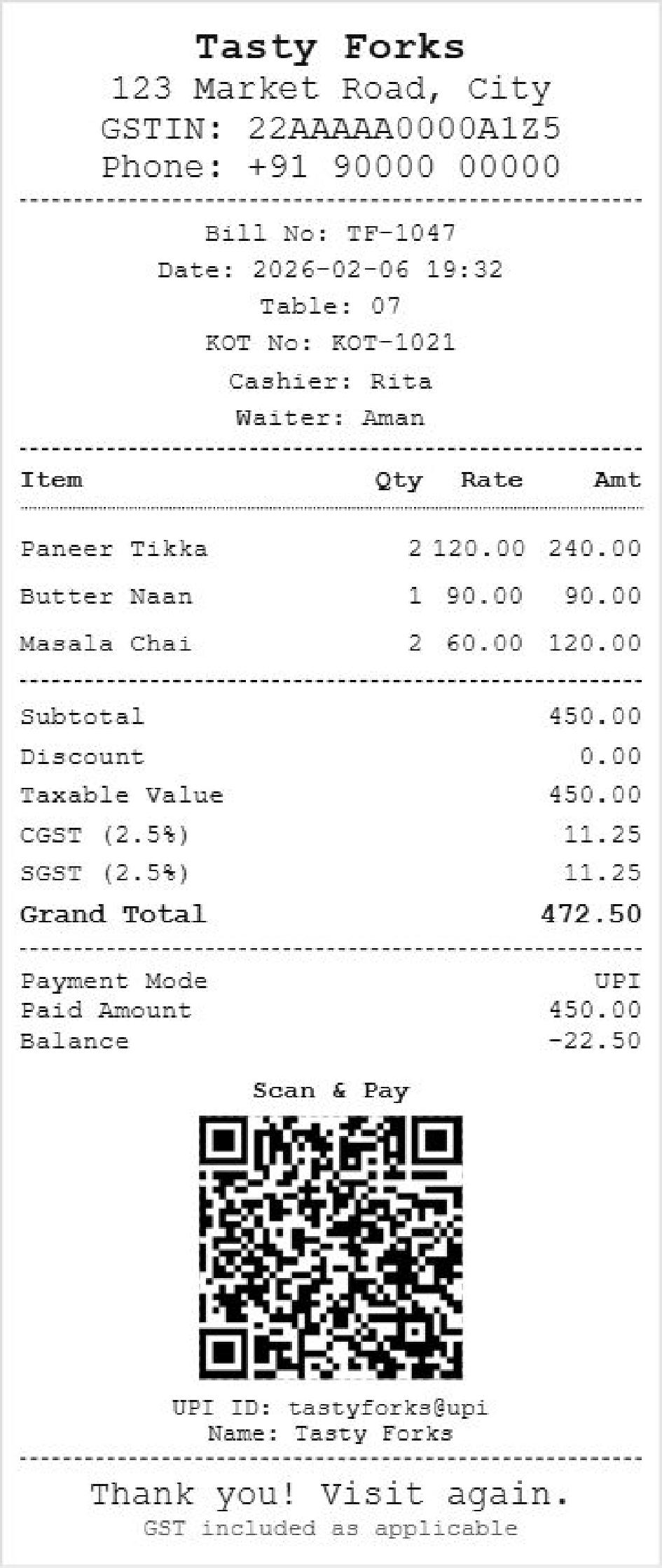 A simple GST-compliant restaurant bill format sample, showing basic fields like item names, rates, CGST/SGST, and total.