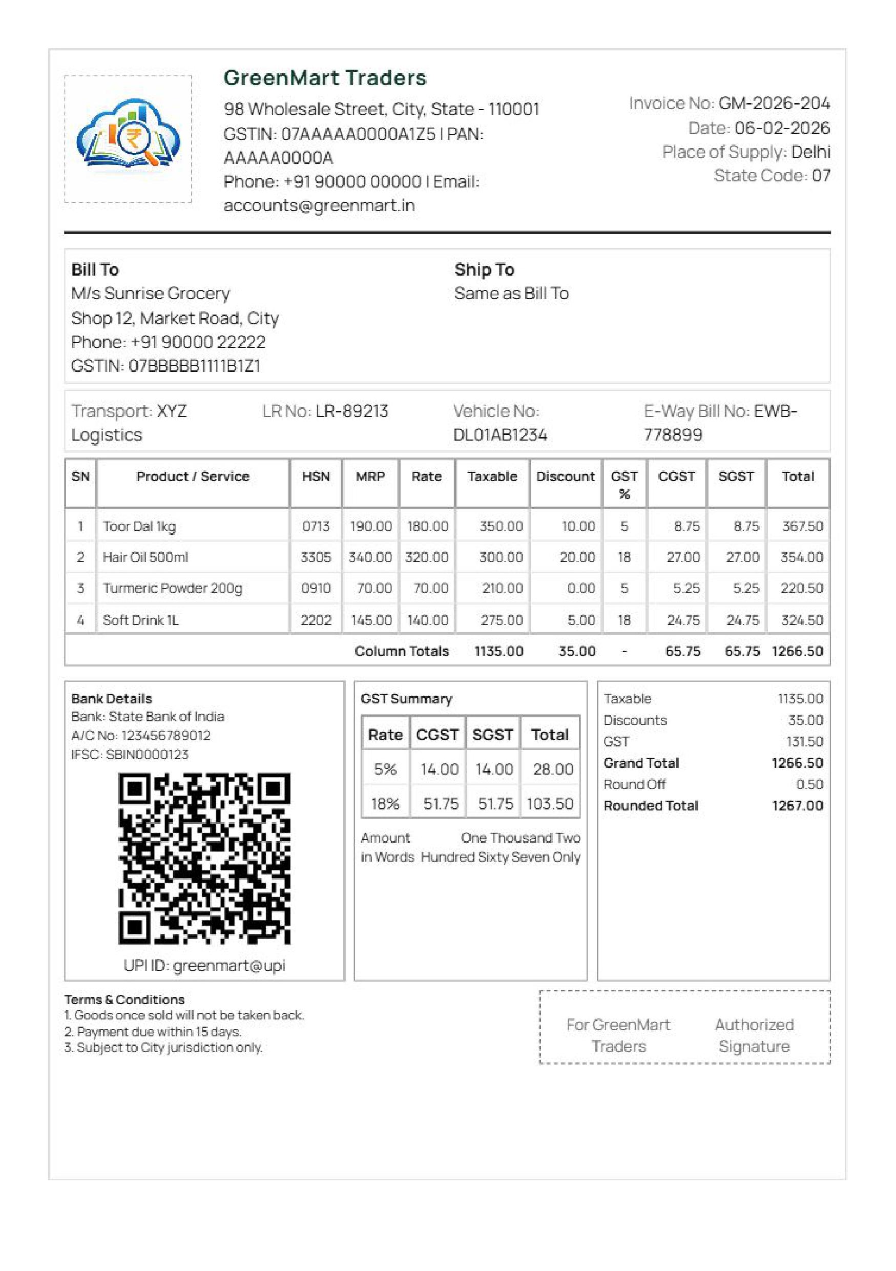 A compact A5 GST tax invoice sample India, suitable for POS counters and thermal printers.