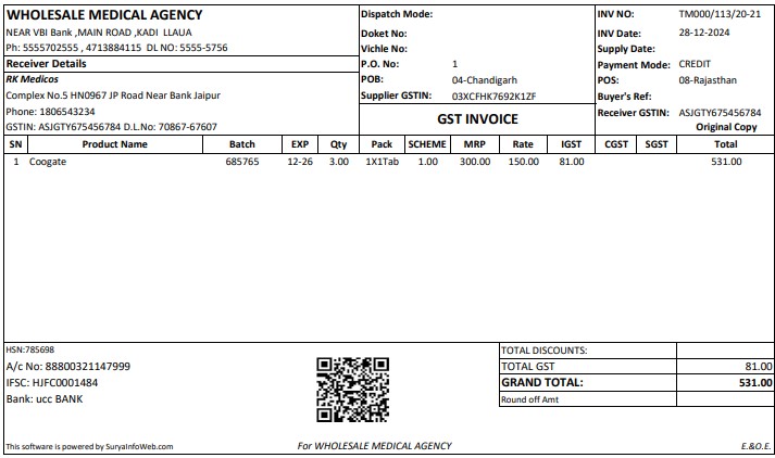 Wholesale Pharmacy GST invoice bill format